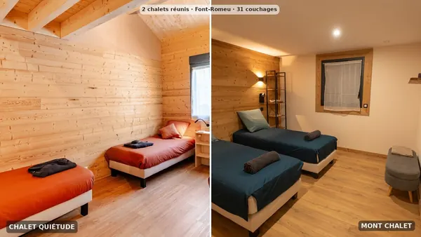 Dormitorios con camas individuales: Chalet Quiétude a la izquierda, Mont Chalet a la derecha