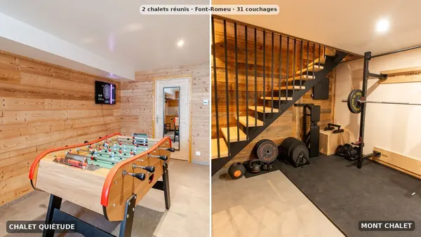 Sala de juegos del Chalet Quiétude a la izquierda, gimnasio de Mont Chalet a la derecha