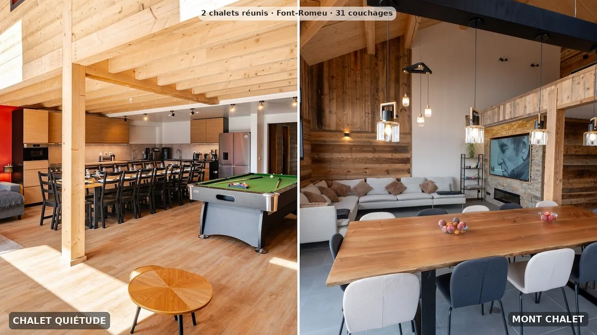 Salón del Chalet Quiétude a la izquierda y de Mont Chalet a la derecha: los 2 chalets para 31 personas en Font-Romeu
